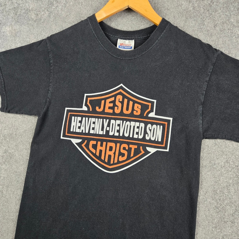 Vintage Jesus Heavenly Devoted Son Mens Small Black Harley Davidson Parody